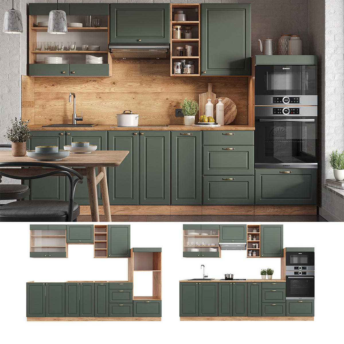 KÜCHENZEILE Fame-Line Grün-Gold Landhaus/Goldkraft Eiche 280 cm AP Marmor - Eiche Wotan/Grün, Holzwerkstoff (280/81.6/60cm) - Vicco