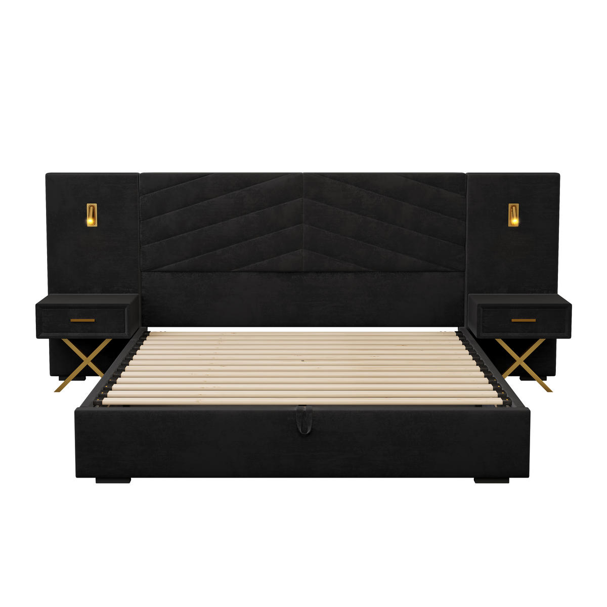 POLSTERBETT 160/200 cm Schwarz mit 2 Bettbänke und 2 LED-Leuchten - Schwarz, Holz (160/200cm) - Oxeza
