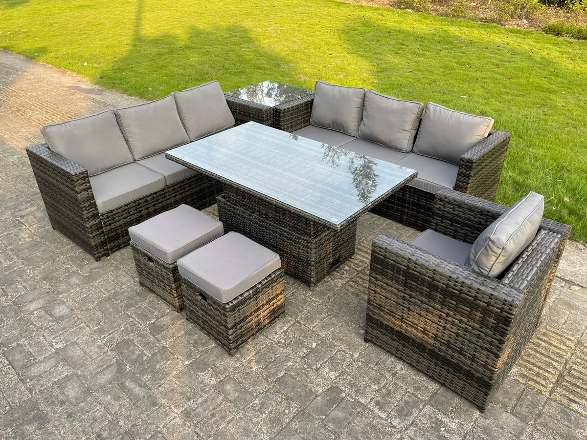 GARTENTISCHGRUPPE Polyrattan 9-Sitzer - Dunkelgrau/Grau, Glas/Kunststoff - Fimous