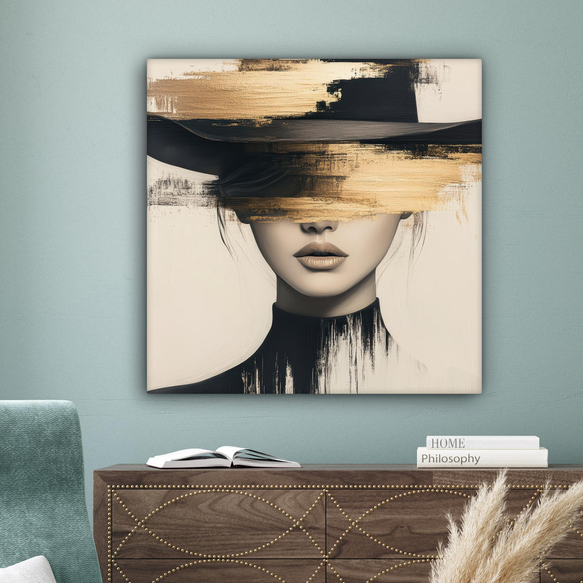 LEINWANDBILD Frau - Hut - Farbe 90x90 cm - Goldfarben, Textil (90/90cm) - MuchoWow