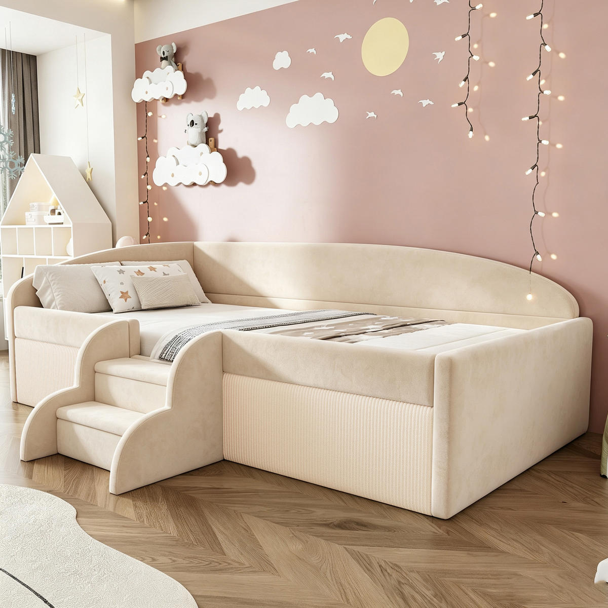 POLSTERBETT 90/190 cm in Beige mit Schutzbügel, Stufen und Lattenrost aus Samt - Beige, Holzwerkstoff/Textil (90/190cm) - STILVORA