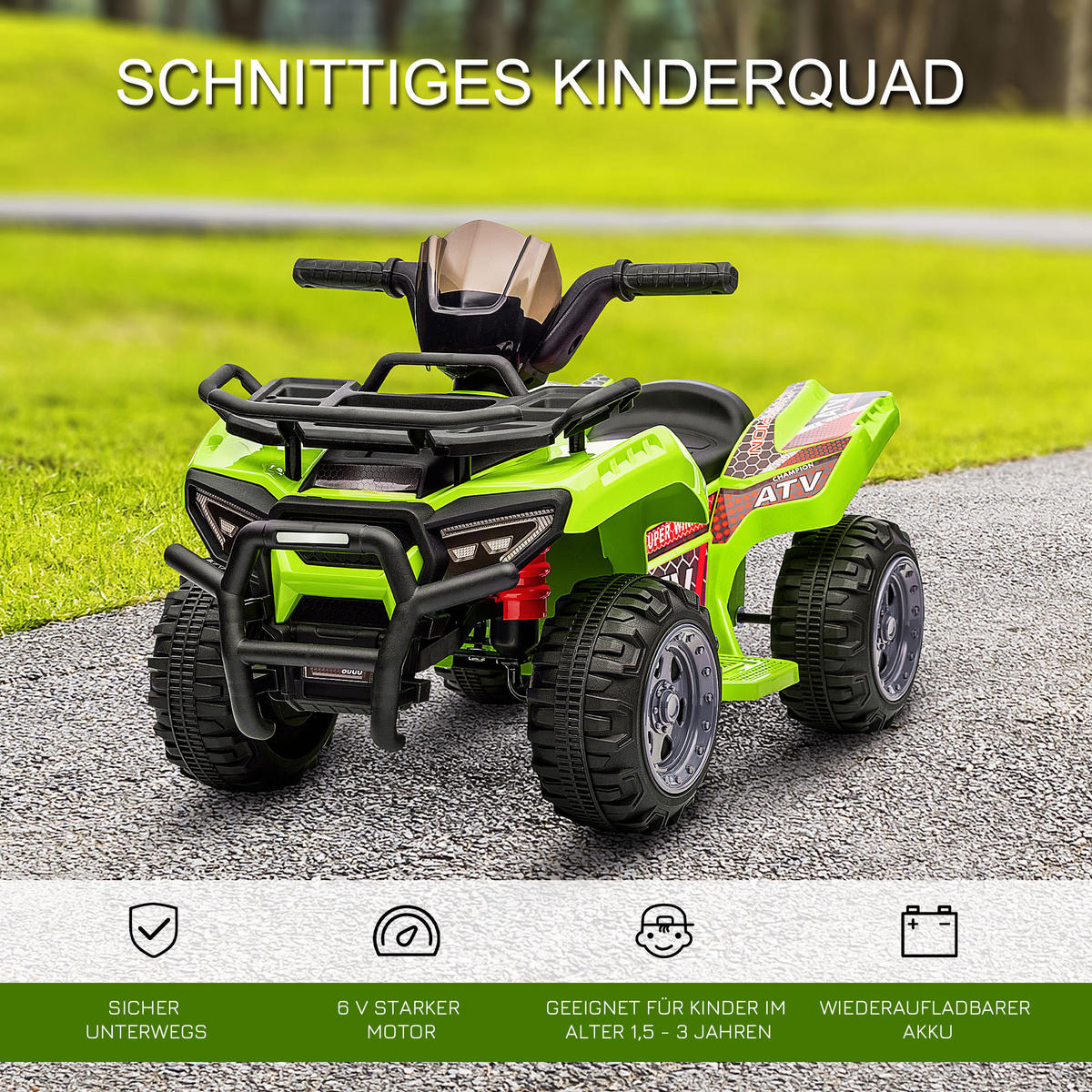 MINI ELEKTRO-QUAD KINDER, Schwarz/Grün/Rosa/Rot, Metall+ PP-Kunststoff - Grün, Metall (70/42/45cm) - HOMCOM
