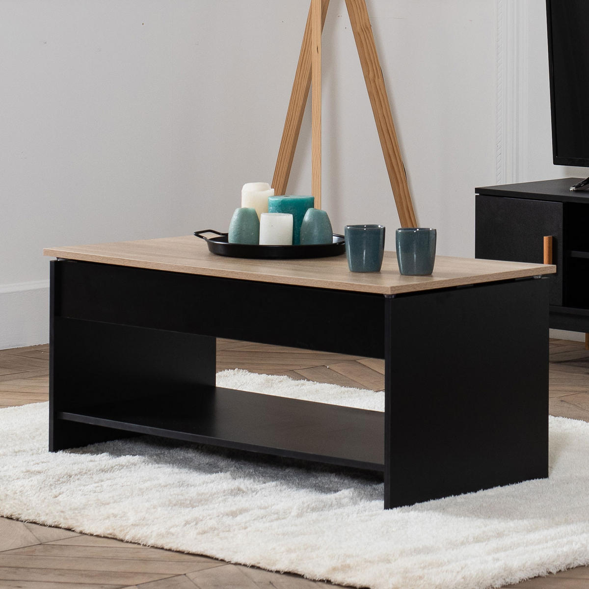 COUCHTISCH Hedda Schwarz und Holz - Hellbraun/Schwarz, Holzwerkstoff (100/50/58cm) - Happy Garden
