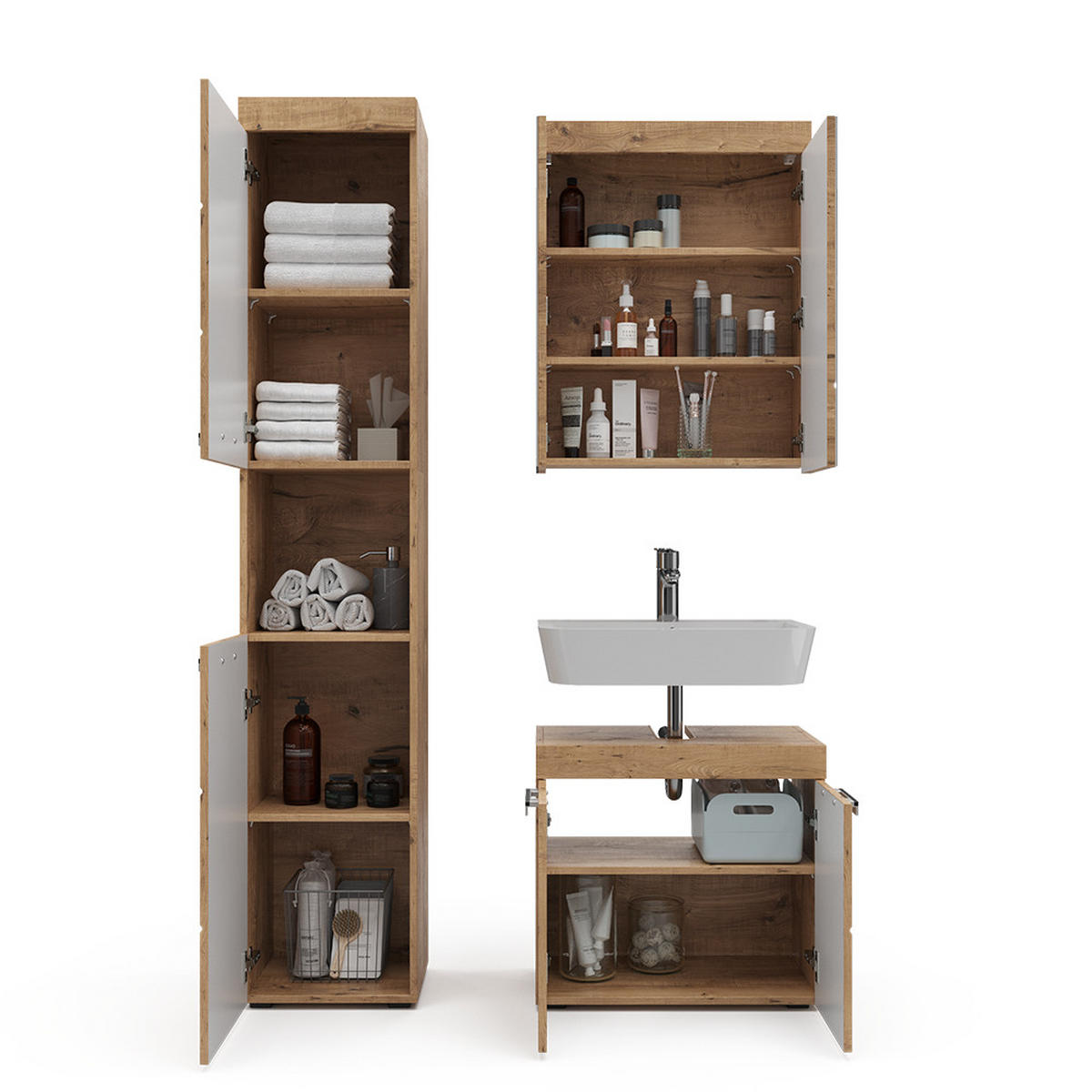 BADMÖBEL-SET Luna Eiche Wotan 3 Teile, mit Hochschrank - Eiche Wotan, Holzwerkstoff (60/56/34cm) - Vicco