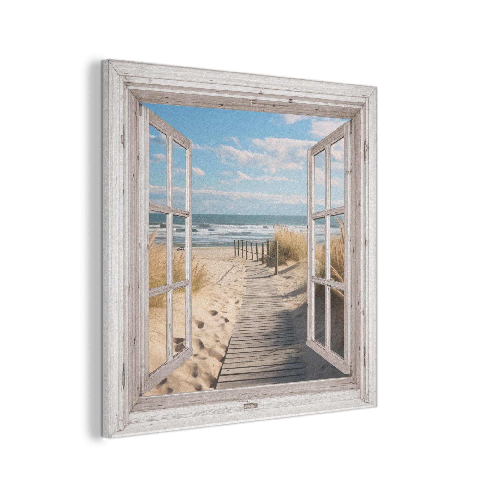 AKUSTIKPANEEL Fenster - Meer - Küste - Natur - Ausblick - Strand - Wattenmeer 90x90 cm - Beige, Textil (90/0.9/90cm) - MuchoWow