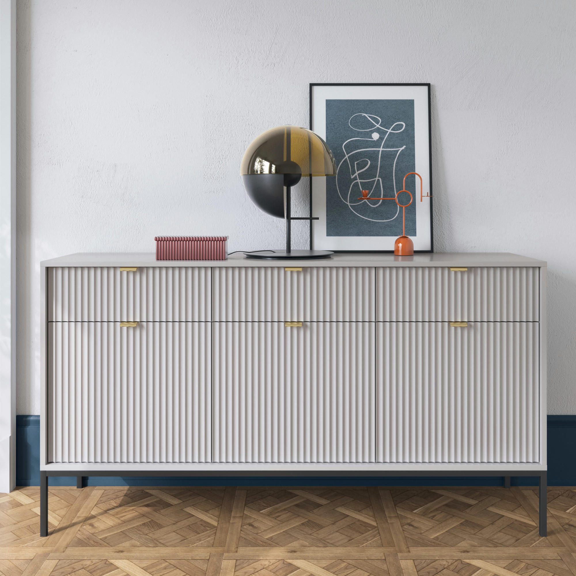 SIDEBOARD NANAIMO KOM3-3D3S Profilierte Fronten, Grau - Grau, Holzwerkstoff/Kunststoff (154/83/39cm) - Komodee