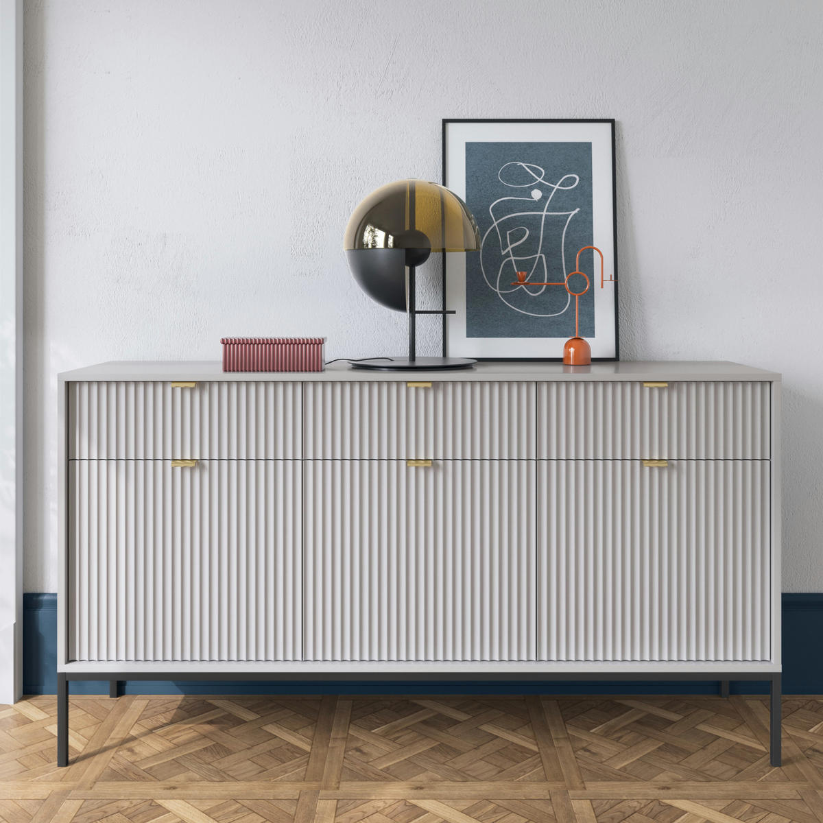 SIDEBOARD NANAIMO KOM3-3D3S Profilierte Fronten, Grau - Grau, Holzwerkstoff/Kunststoff (154/83/39cm) - Komodee
