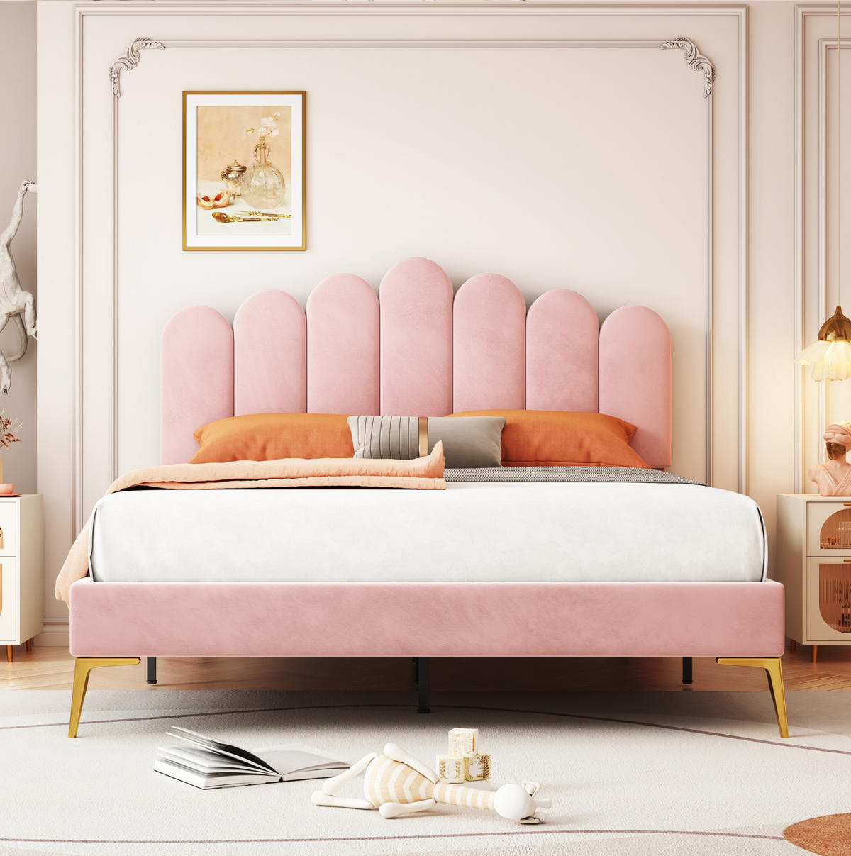 POLSTERBETT 140/200 cm in Rosa mit Samtbezug und verstellbarem Kopfteil - Rosa, Textil (140/200cm) - Flora Grace
