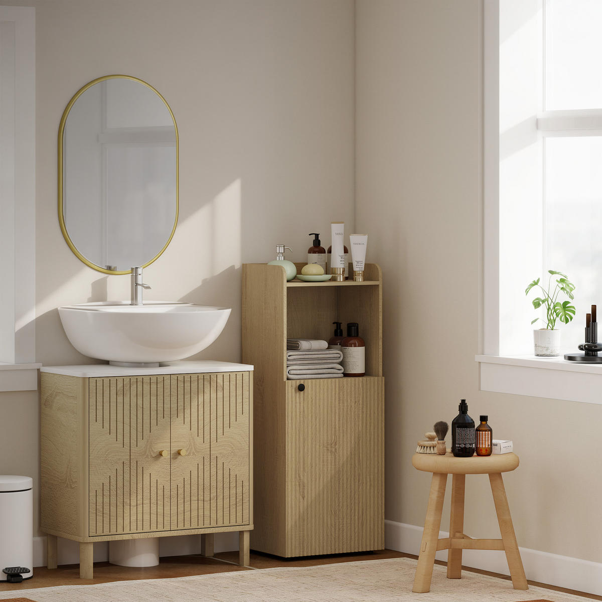 BADEZIMMERSCHRANK DE-08512 mit verstellbarem Regal Gelbeiche - Eichefarben, Holzwerkstoff (31/104/40cm) - ComfortXL