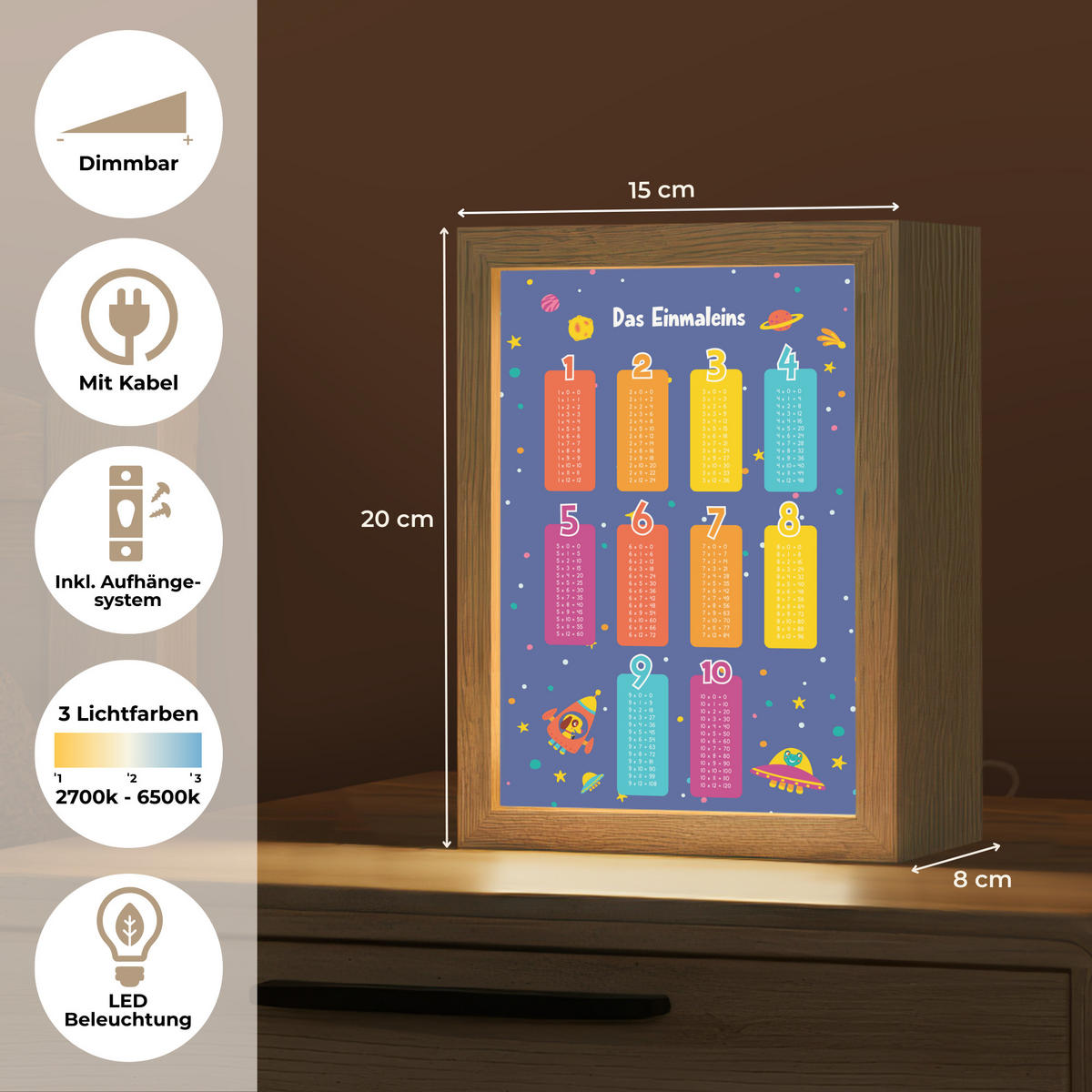 NACHTTISCHLAMPE Pädagogisch - Rechnen lernen - Raum - Einmaleins 15x20 cm - Dunkelblau, Holzwerkstoff (8/15/20cm)