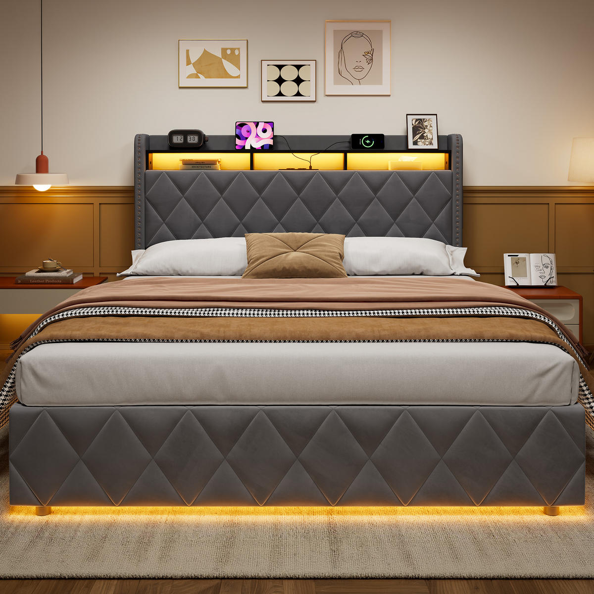 POLSTERBETT 160×200 mit LED-Beleuchtung, Bettkasten und Matratze - Grau, Holzwerkstoff/Textil (160/200cm) - EVRYAE