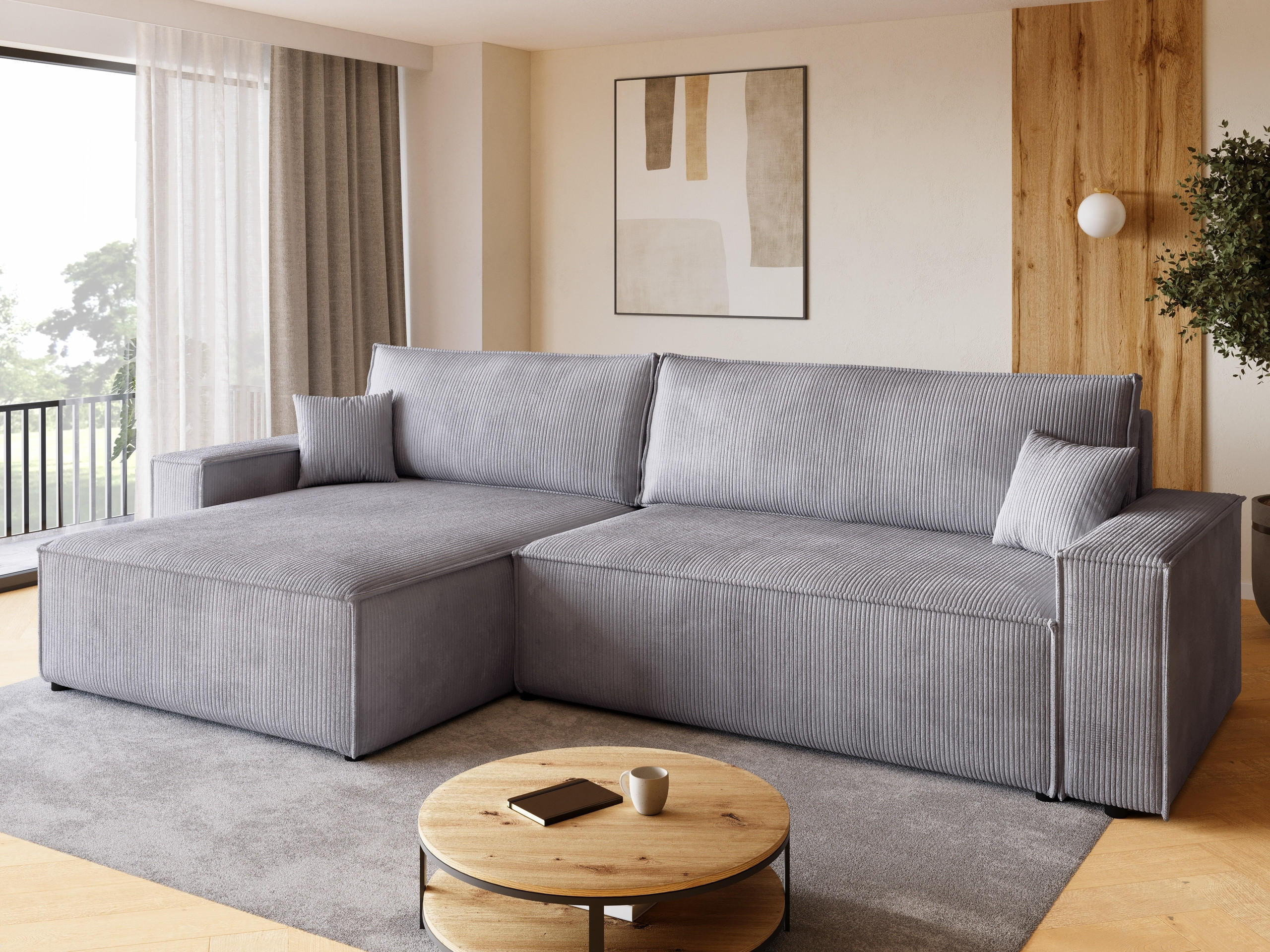 ECKSOFA ADI XL mit Schlaffunktion Hellgrau Cord - Hellgrau, Textil (272/143cm) - Bromarkt