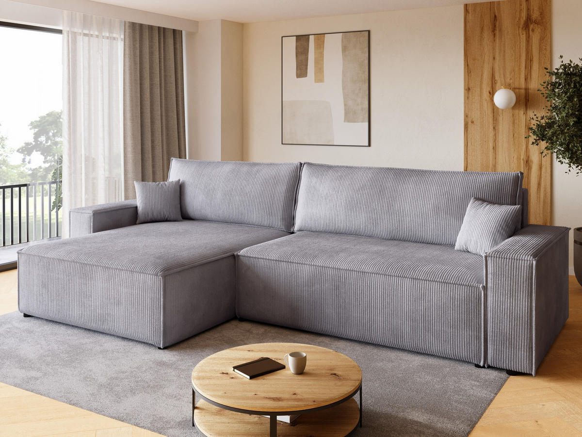 ECKSOFA ADI XL mit Schlaffunktion Hellgrau Cord - Hellgrau, Textil (272/143cm) - Bromarkt