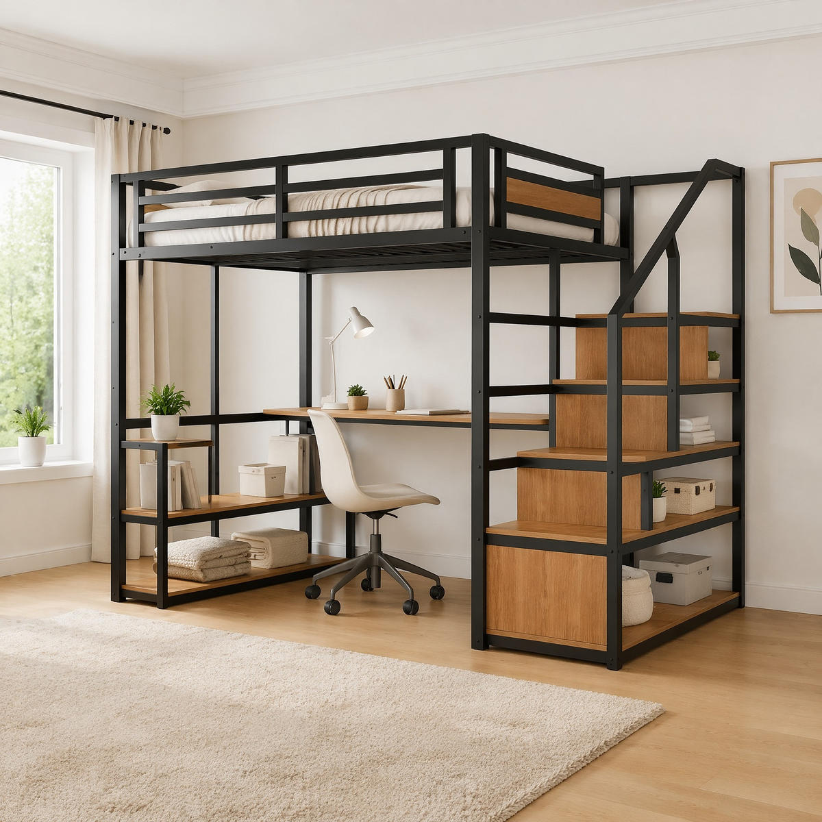 HOCHBETT 140/200 cm Schwarz aus Metall und MDF mit Regalen und Tisch - Schwarz, Metall (140/200cm) - OKMYHOME