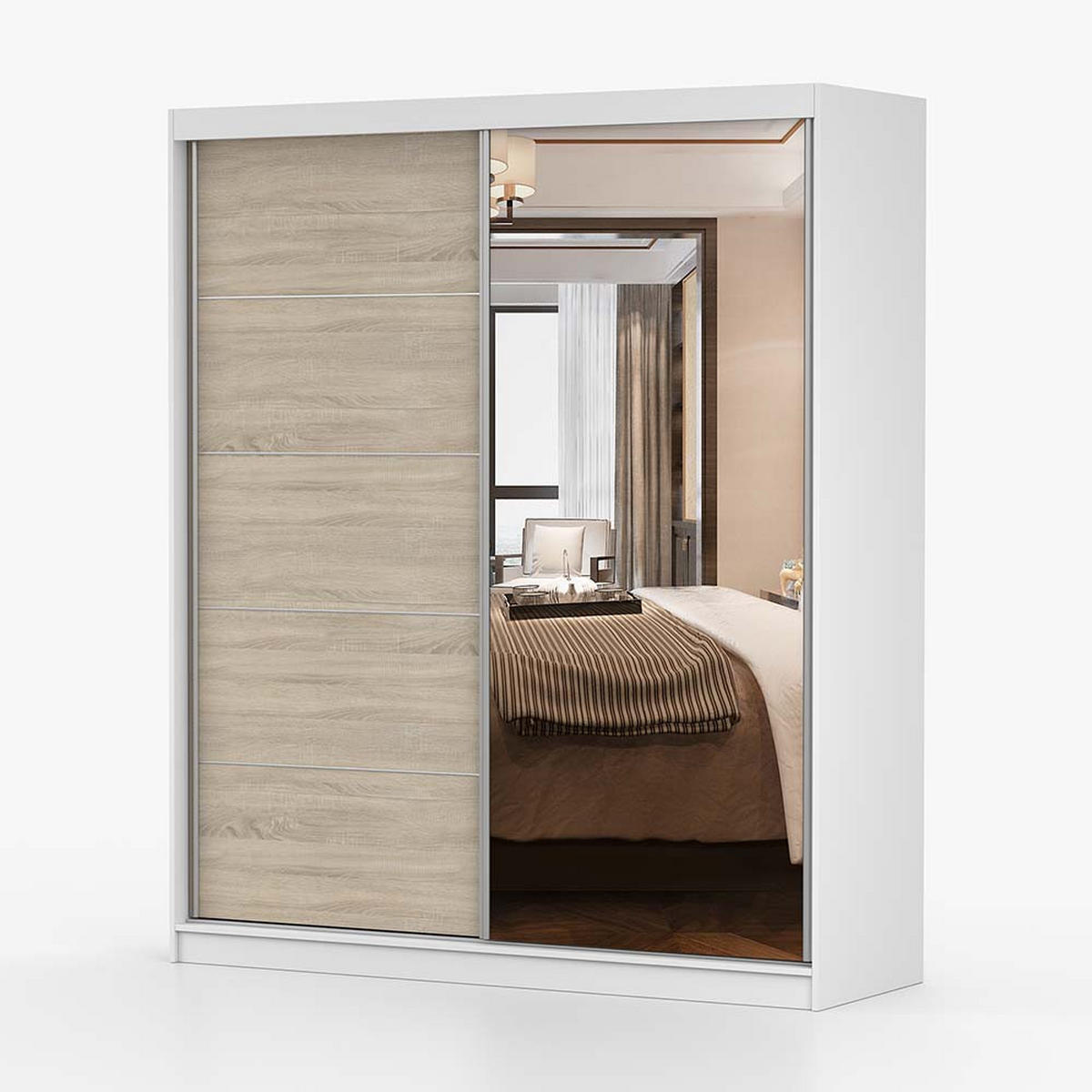 SCHWEBETÜRENSCHRANK 183/218/61 cm 2-türig Bella 03 Weiß, Sonoma Eiche - Alufarben/Weiß, Glas/Holzwerkstoff (183/200/61cm) - imoebel24