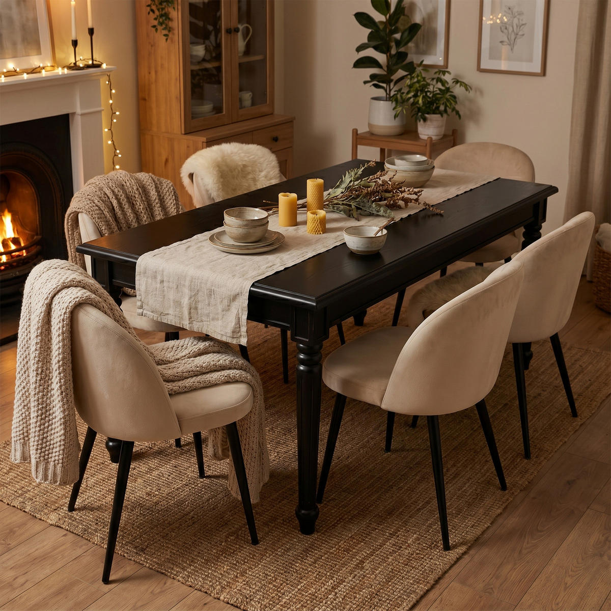 ESSGRUPPE Amaretta mit Esstisch Schwarz und 6 Stühlen Beige, 180 x 100 cm - Beige, Holz/Textil (180/75/100cm) - ebuy24
