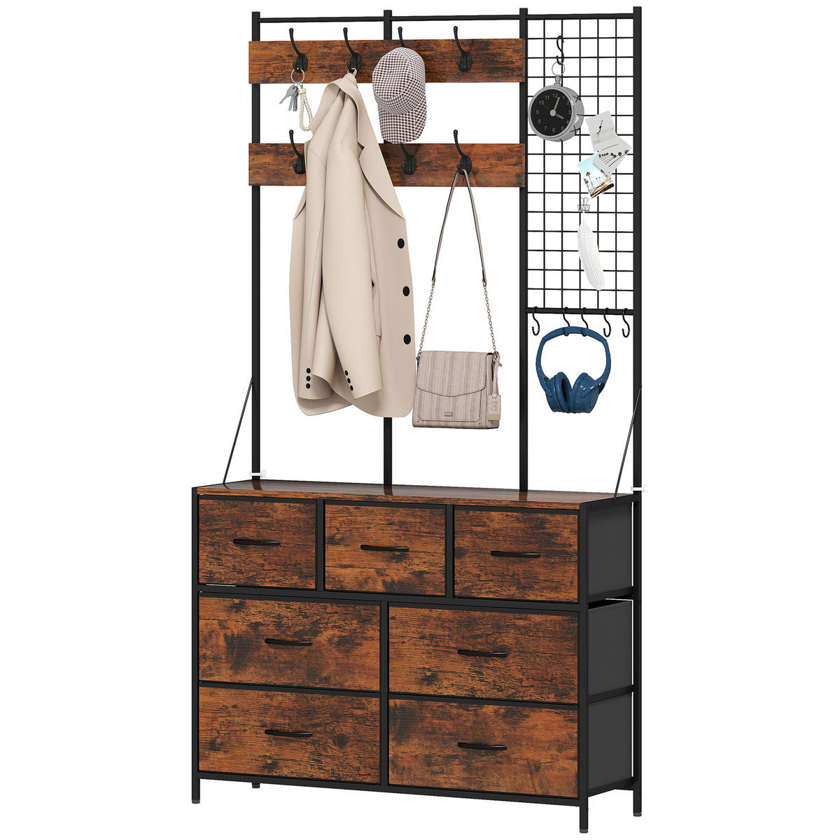 GARDEROBE DE-17882 14 Haken & 7 Stoffschubladen Rostbraun - Braun, Holzwerkstoff (30/183/100cm) - ComfortXL