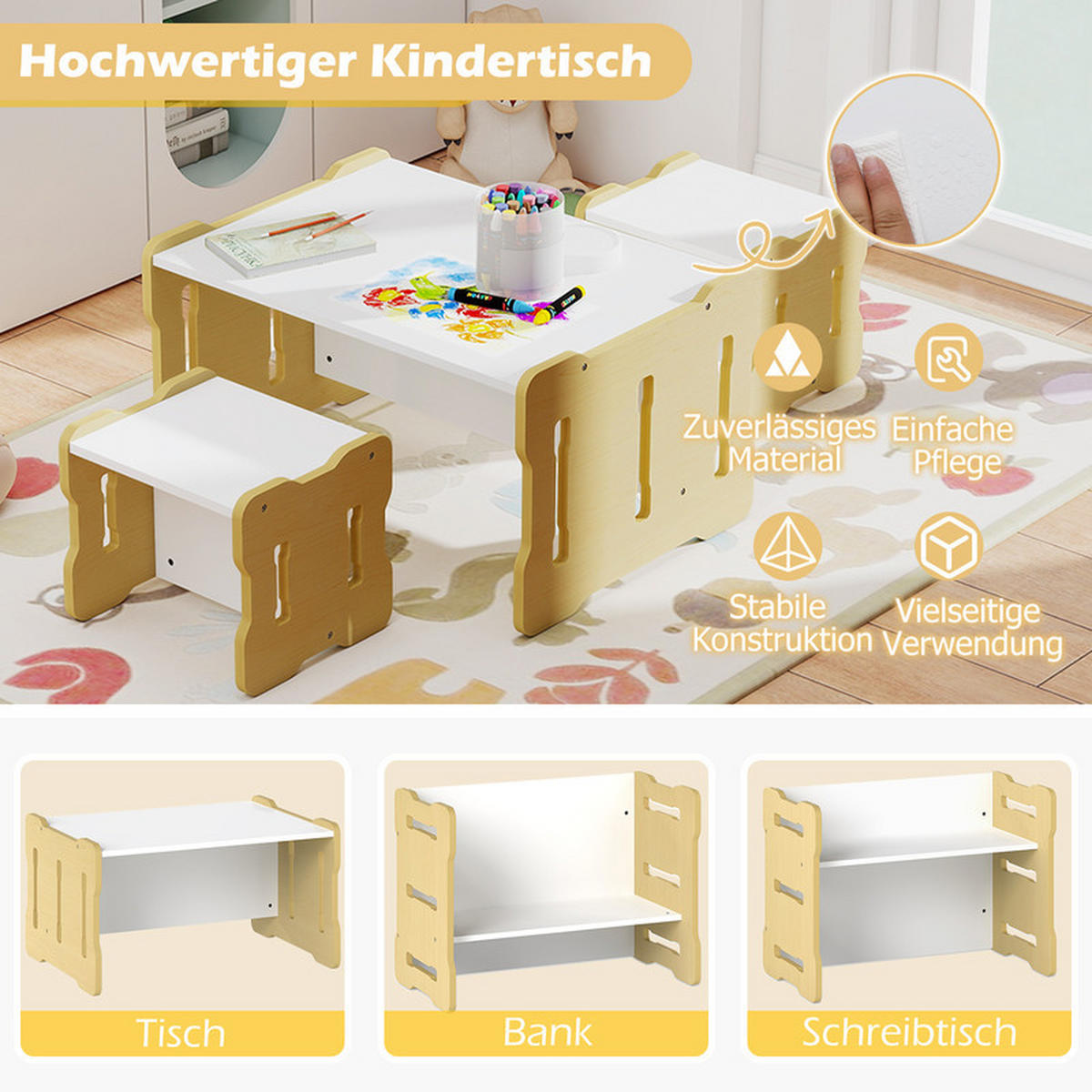 KINDERTISCH mit 2 Stühlen natur(3-tlg) - Naturfarben, Holzwerkstoff (68/52/39cm) - COSTWAY