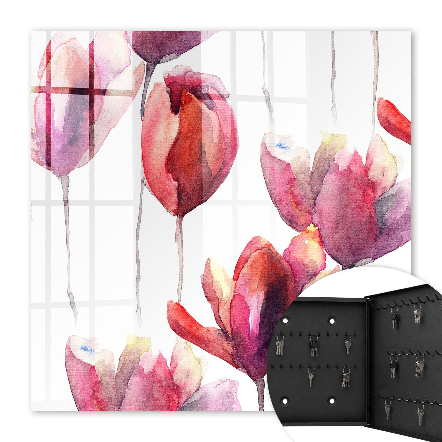SCHLÜSSELBOX Schwarz 30x30 cm- Türöffnung nach rechts - Aquarell-Tulpen - Rot, Metall (30/30/5cm) - TULUP