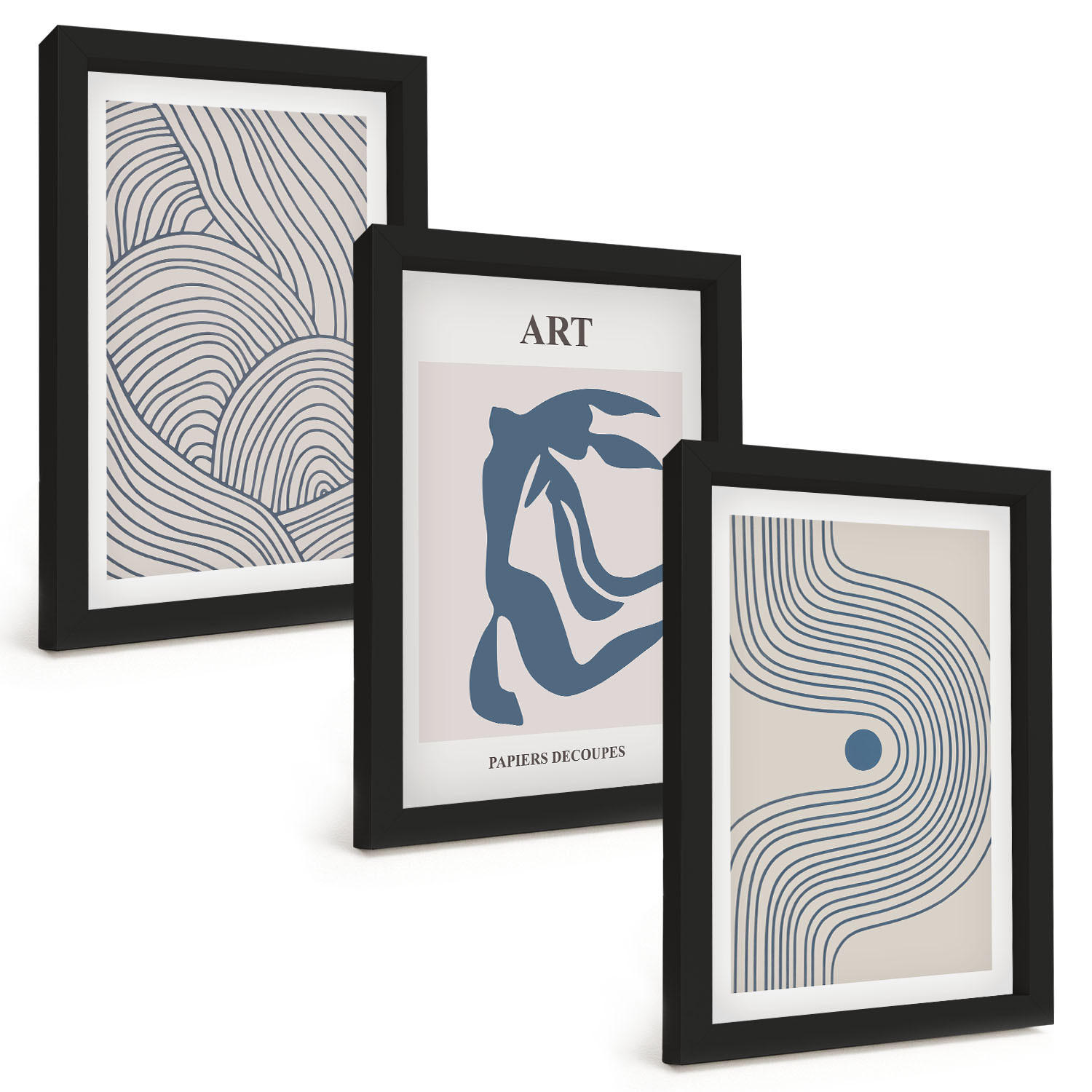 BILDER SET 3er Set - 20x30 cm Schwarzer Rahmen - Abstrakte blaue Linien - Schwarz, Kunststoff (20/30cm) - TULUP