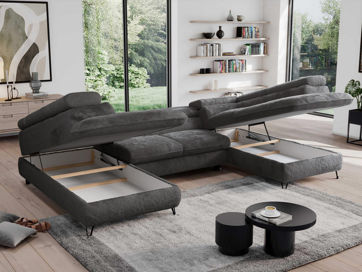 WOHNLANDSCHAFT PEDRO U Plüsch Anthrazit - Anthrazit/Schwarz, Textil/Metall (346/76/208cm) - MKS