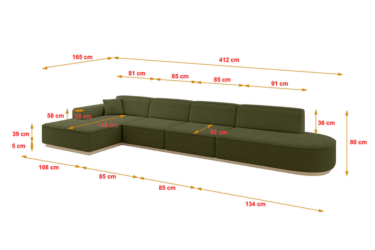 ECKSOFA Ottomane Links IREA-L3 - 412x165x80 cm Grün - Platinfarben, Holzwerkstoff/Textil (412/165cm) - ALTDECOR
