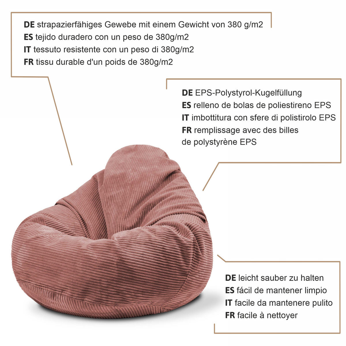 SITZSACK PARADISE MIT FUßSTÜTZE Kordsamt 2-tlg Ginger Spice M - Pink/Cognac, Textil (90/100/90cm) - Dreamroots