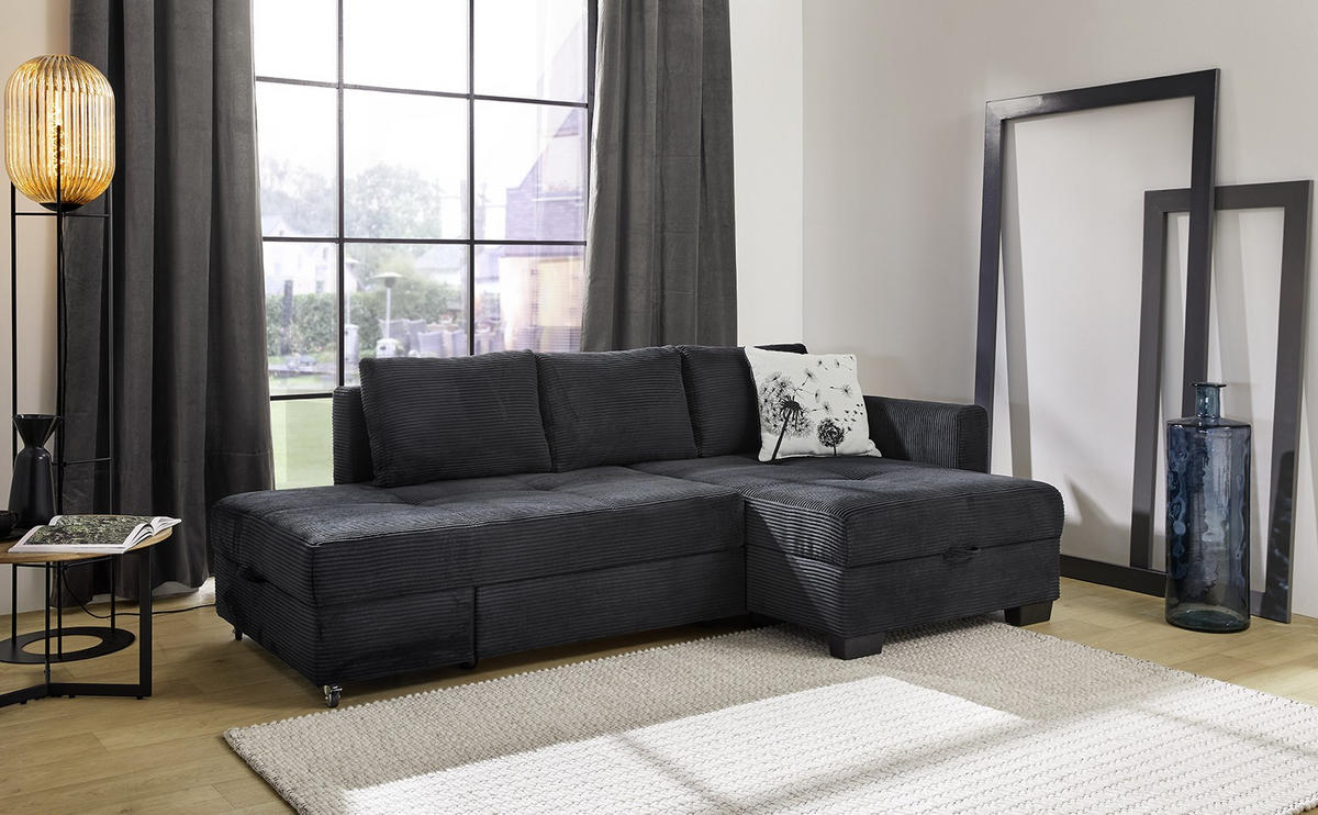 ECKSOFA Doppelbett mit Bettkasten, seitenverkehrt montierbar B247/T155/H87 cm, Liegefläche 183x207 cm, Cord Schwarz / 15216 - Schwarz, Kunststoff/Textil (247/155cm) - luma-home