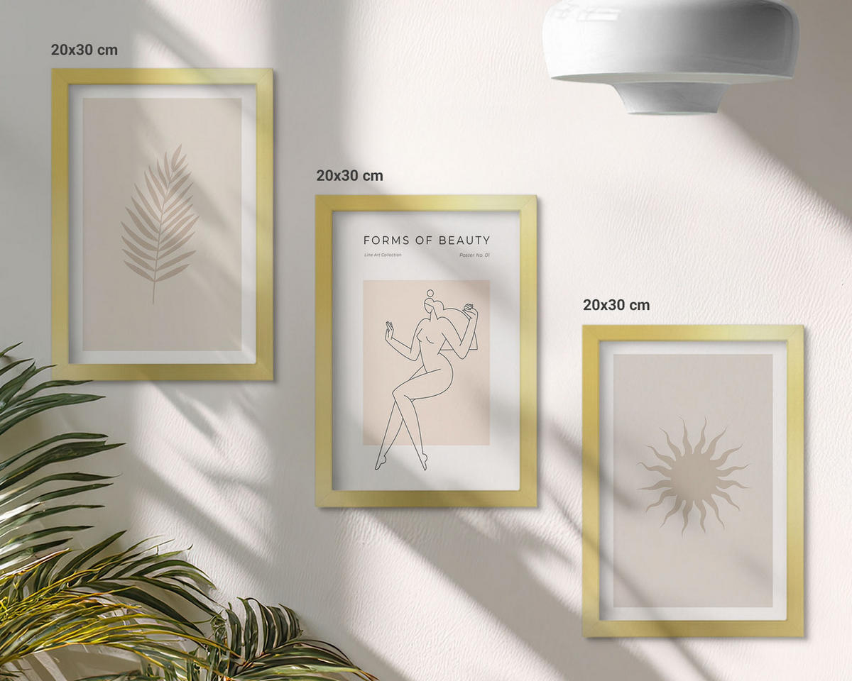 BILDER SET 3er Set - 20x30 cm Goldrahmen - Eine Sammlung minimalistischer Formen - Goldfarben, Kunststoff (20/30cm) - TULUP
