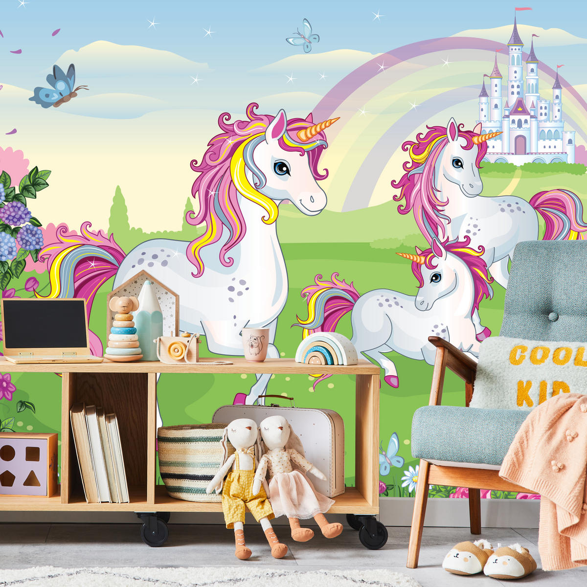 FOTOTAPETE für Kinderzimmer Einhorn Schloss Blumen Märchen 100x70 - Gelb/Violett, Papier (100/70cm) - Muralo