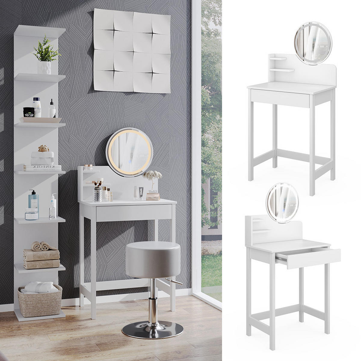 SCHMINKTISCH Surrey Weiß 60 cm mit LED-Spiegel - Weiß, Holzwerkstoff (60/127.5/40cm) - Vicco