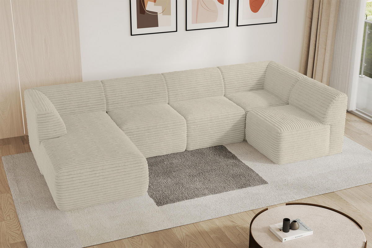 WOHNLANDSCHAFT Ottomane Links MOVO-L 345x180x78 cm Creme Cord - Ecru, Holzwerkstoff/Kunststoff (345/78/180cm) - ALTDECOR