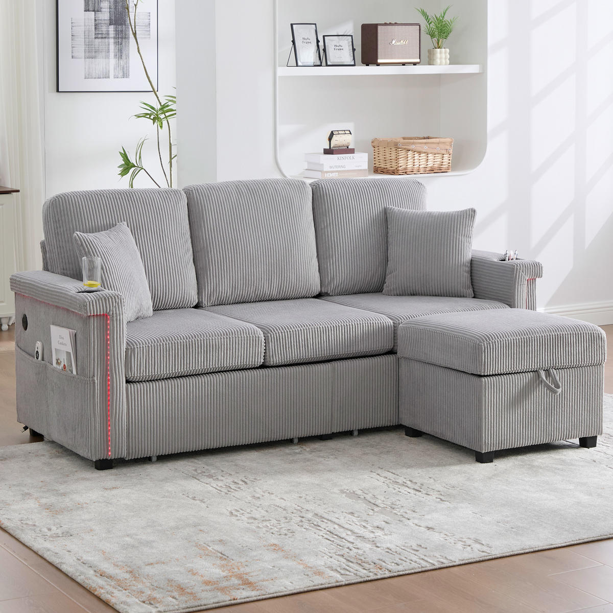 ECKSOFA 194/73/81 cm Hellgrau mit LED-Beleuchtung, Stauraum-Fußteil, 2 Schubladen, Getränkehaltern und Seitentaschen - Hellgrau, Textil (194/73cm) - Oxeza