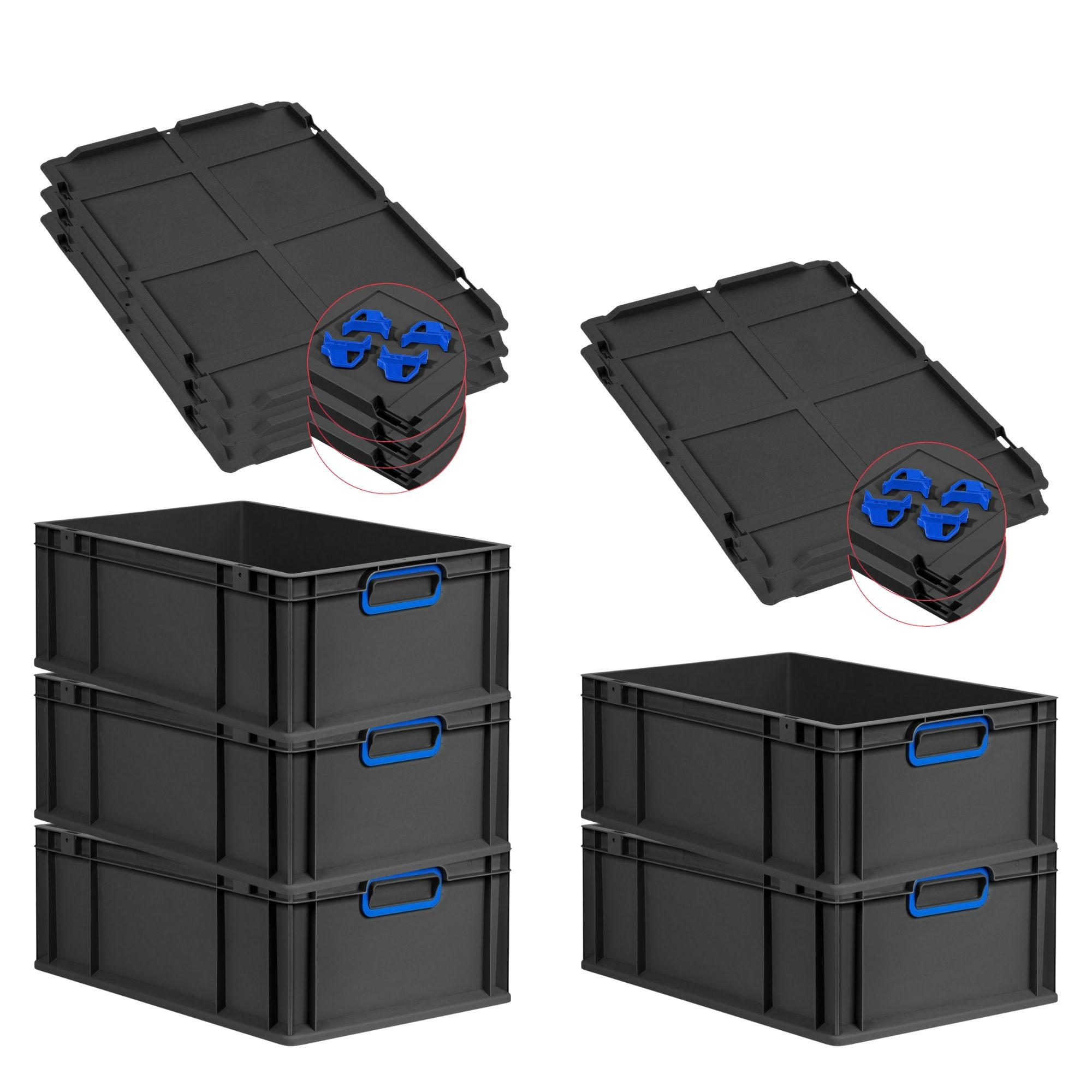 EUROBOX 5x NextGen Color mit Auflagedeckel 22x40x60 cm 44 Liter Schwarz Griffe blau zu - Blau/Schwarz, Kunststoff (40/22/60cm) - PROREGAL