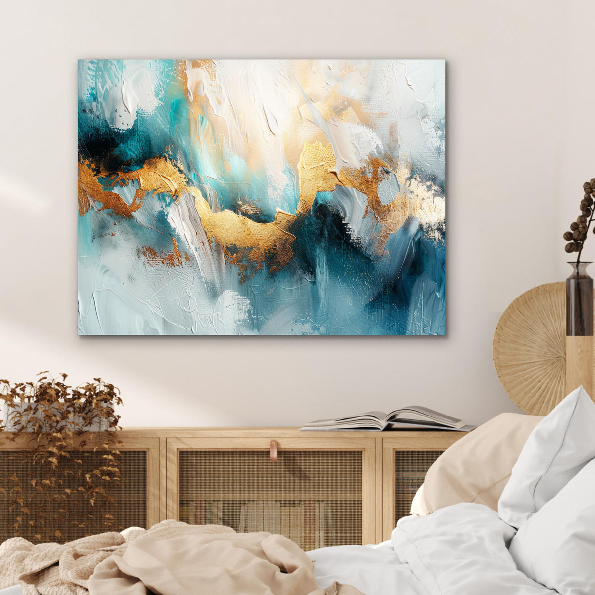 KOVOVÝ OBRAZ Abstraktné - umenie - zlaté - modré 80x60 cm - petrolejová, kov (80/60cm) - MuchoWow