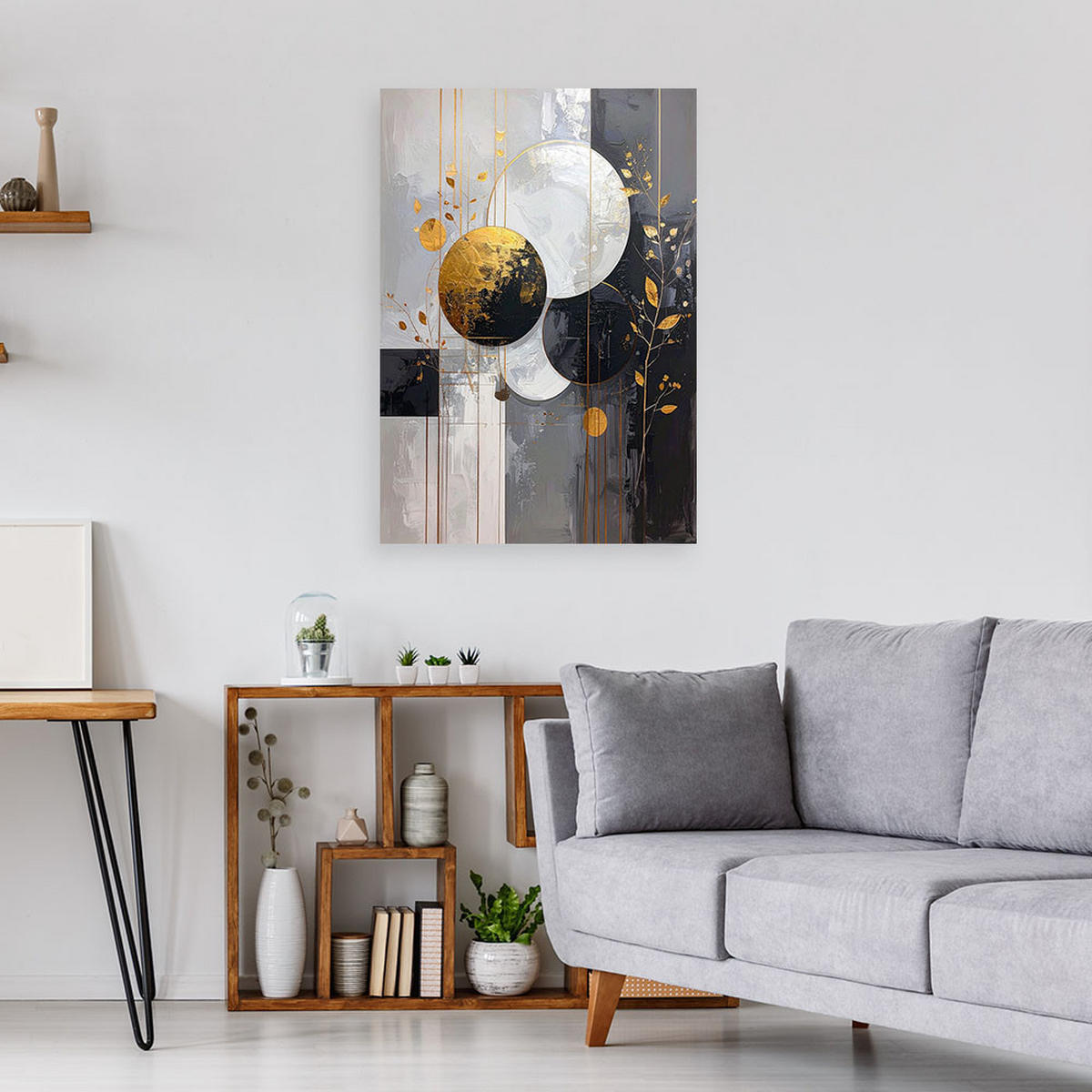 BILD auf Leinwand, Abstrakte Formen: Kreise und Blätter in Beige und Gold - Grau, Textil (30/45cm) - Feeby
