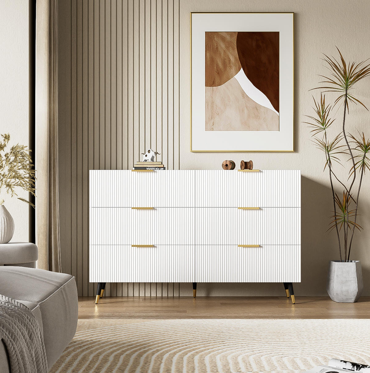 SIDEBOARD 120/77/40 cm Weiß aus Spanplatte mit 6 Schubladen - Weiß, Holzwerkstoff (40/77/120cm) - OKMYHOME