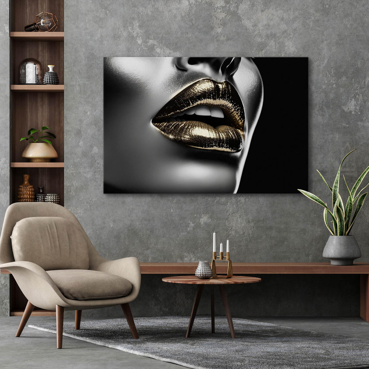 LEINWANDBILD Abstraktion Lippen Gesicht Glamour 120x80 - Beige/Schwarz, Textil (120/80cm) - Muralo
