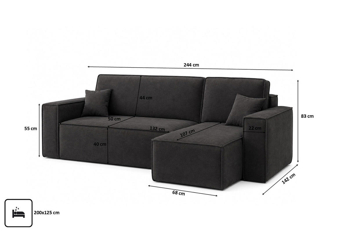 ROHOVÁ SEDAČKA ve tvaru L s funkcí spaní a úložným prostorem, velurová tkanina Bluvel, Černá, Pravá strana, BEST L - černá, dřevo (244/142cm) - Kaiser Möbel