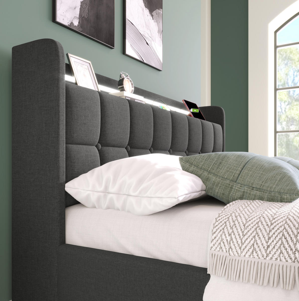 POLSTERBETT mit USB und LED 180x200 cm Grau mit 4 Schubladen - Grau, Holz (180/200cm) - Meubliv