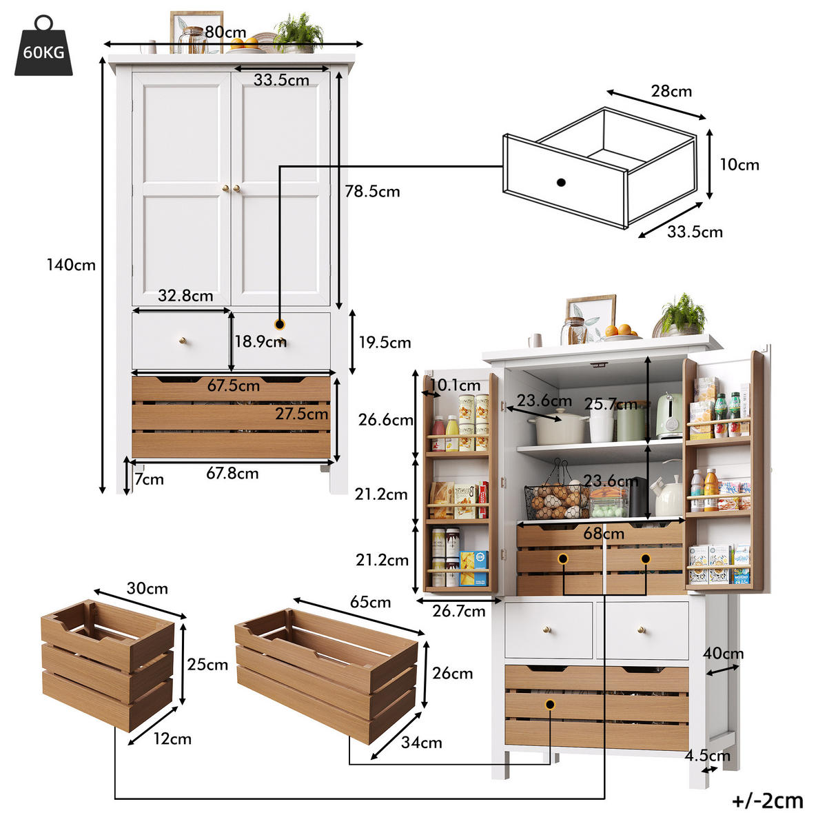 BUFFET 80/40/140 cm aus MDF mit 5 Schubladen Weiß - Weiß, Holzwerkstoff (80/140/40cm) - Modenvie