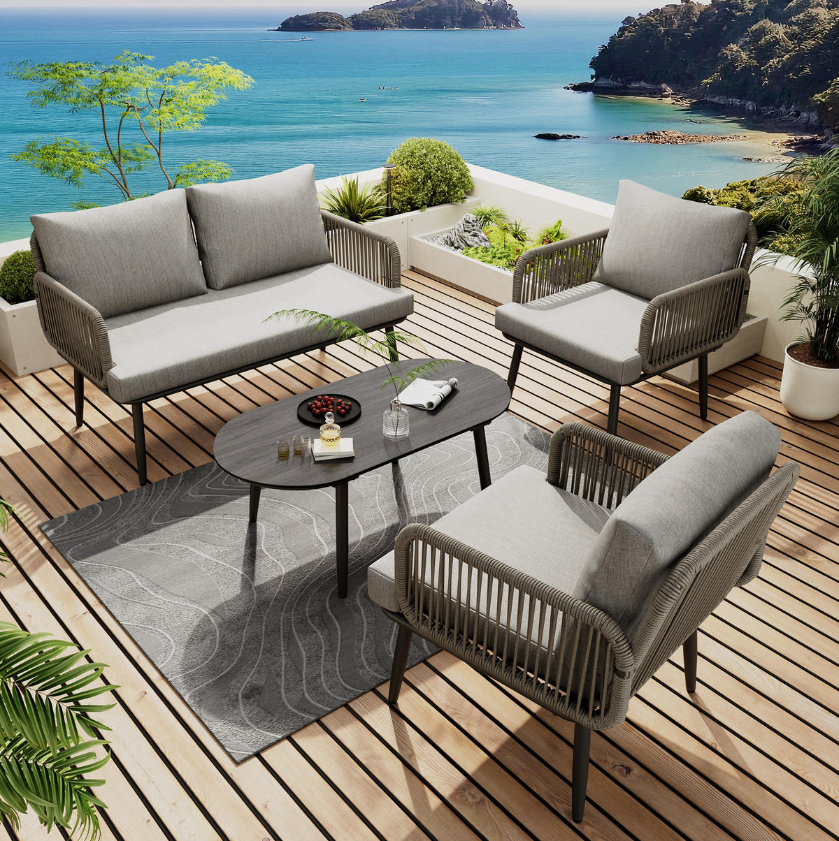 GARTENMÖBEL-SET 4-teilig mit 2-Sitzer-Sofa, 2 Sesseln, Couchtisch und Kissen, verzinkter Stahl, Grau - Grau, Textil - Redom