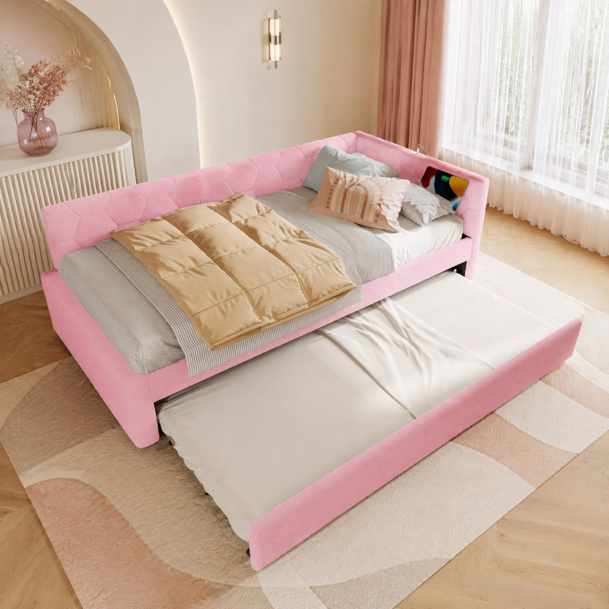POLSTERBETT 90/200 mit Ausziehbett, Nachttischlampe, USB und Typ-C in Rosa - Rosa, Holzwerkstoff/Textil (90/200cm) - EVRYAE