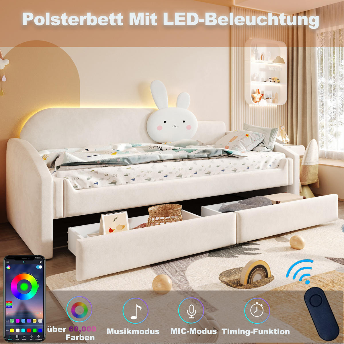 KINDERBETT 90x200cm Samt LED Stauraum Hasenkissen Beige - Beige, Textil (90/200cm) - FLIEKS