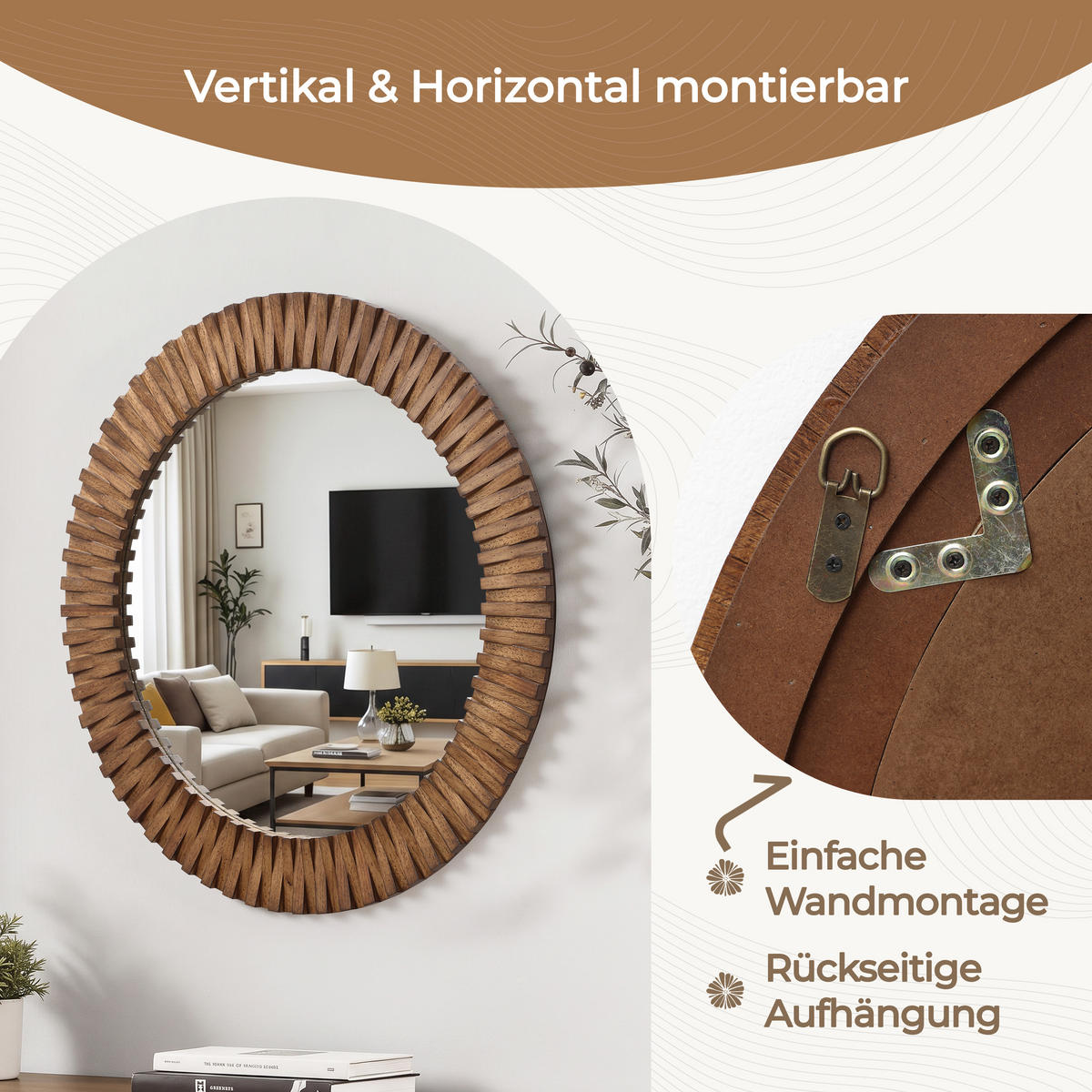 SPIEGEL rund Ø 74 cm mit Eichenholzrahmen - Alteiche, Glas/Holz (74/3.5/74cm) - Hometopia