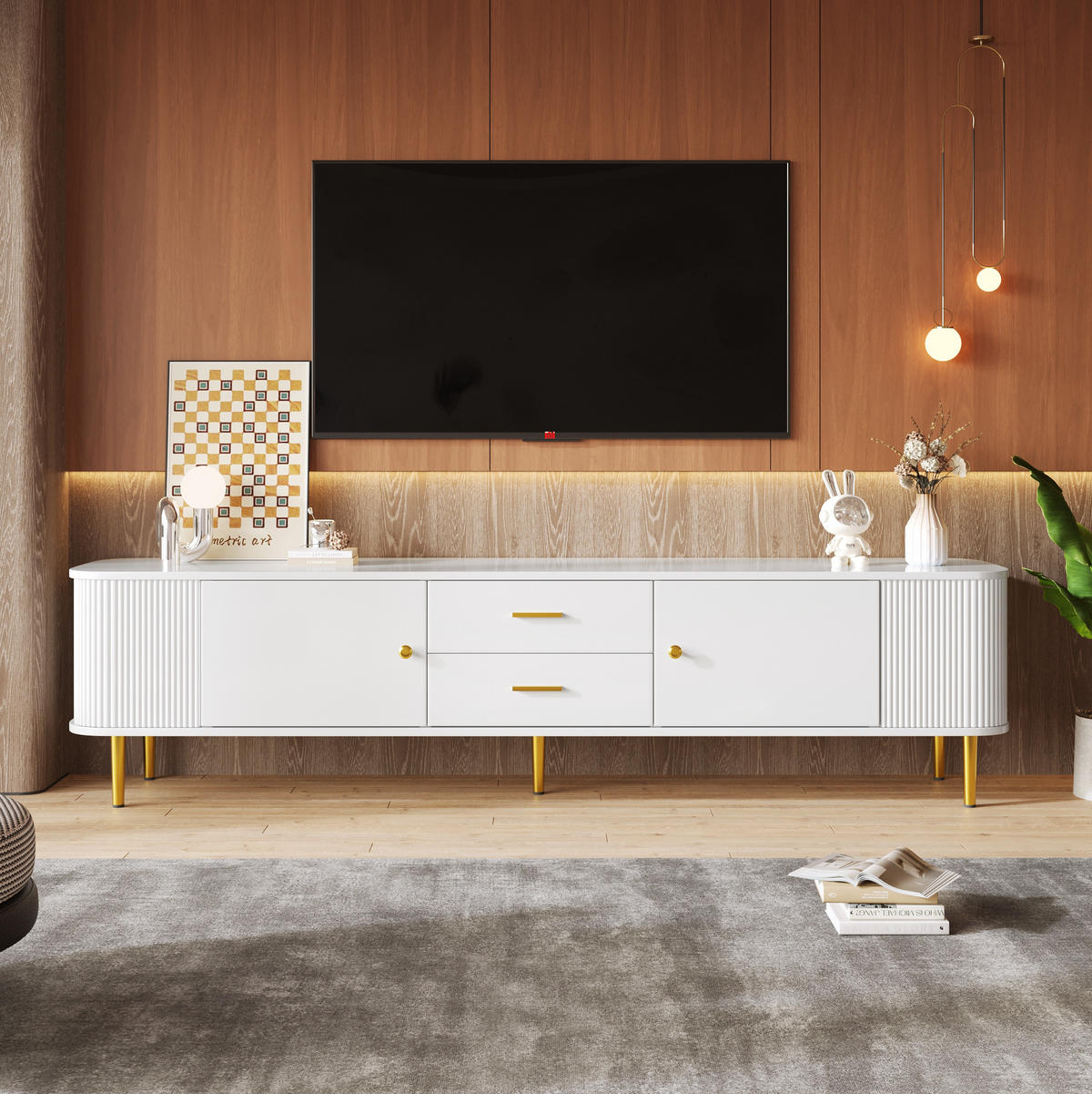 TV stolek 170/34/45 cm s 2 zásuvkami a 2 dvířky, zaoblenými hranami a zlatými detaily, Bílá - bílá, kompozitní dřevo (170/45/34cm) - Redom