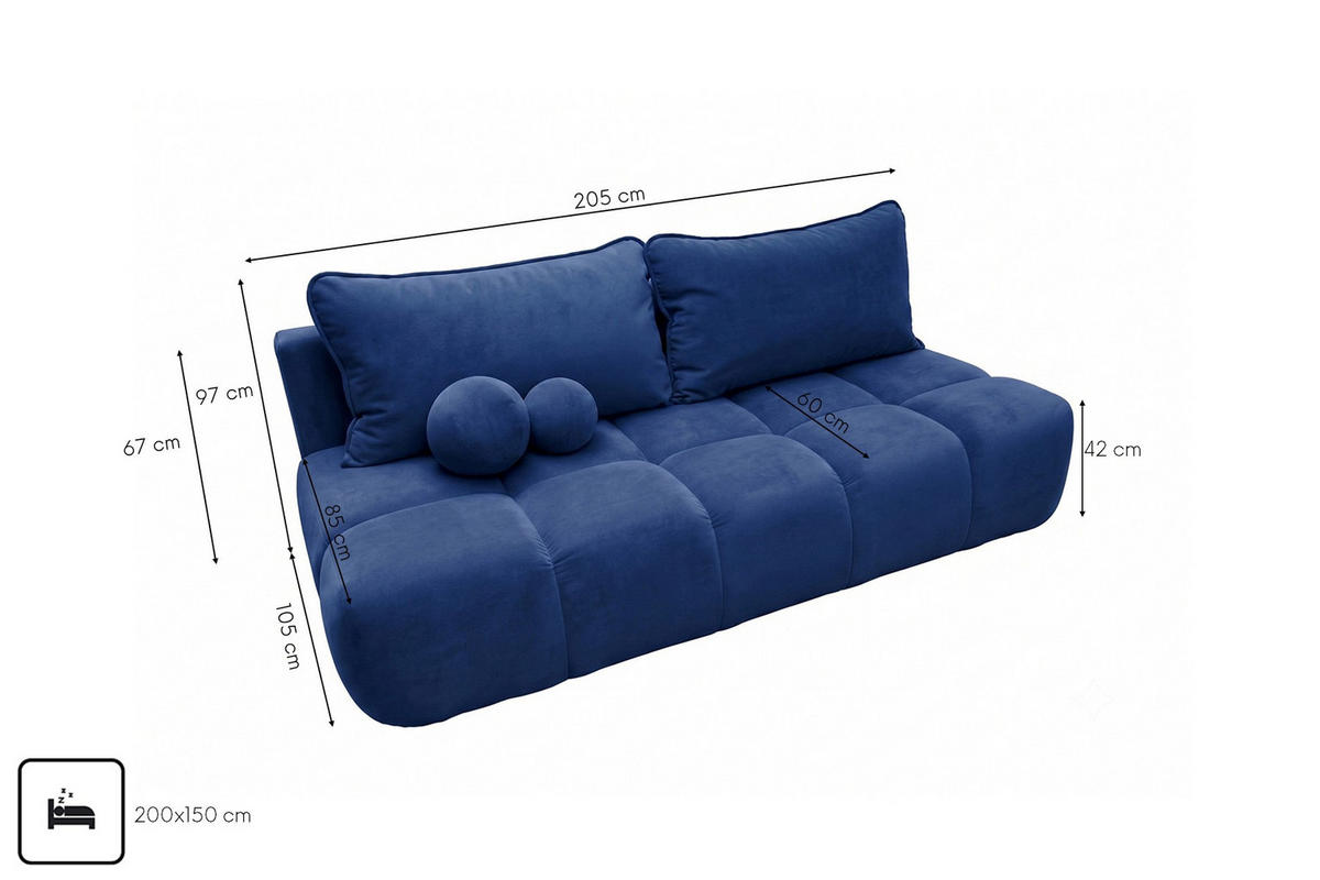 POHOVKA S funkcí spaní A úložným prostorem, sametová látka Bluvel, Inkoustově modrá, COCO - modrá, dřevo (205/97/105cm) - Kaiser Möbel