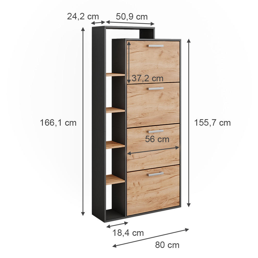 SCHUHKIPPER Orlando Goldkraft Eiche/Anthrazit 80 x 166.1 cm mit 4 Fächern - Anthrazit/Eiche Wotan, Holzwerkstoff (80/166.1/24.2cm) - Vicco