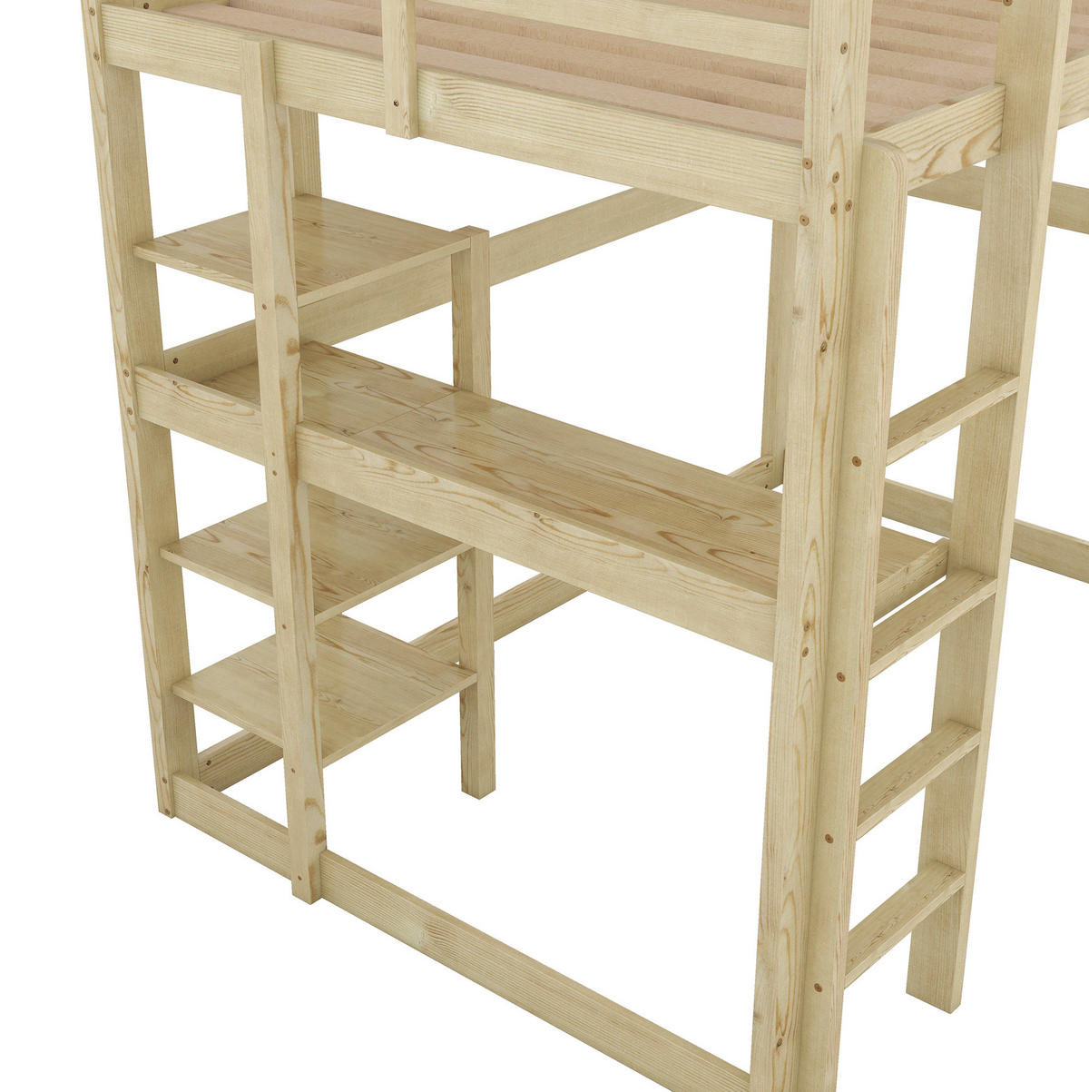 HOCHBETT 140/200 cm aus Kiefer mit Schreibtisch und 4 Ablagefächern - Naturfarben, Holz (140/200cm) - Flora Grace