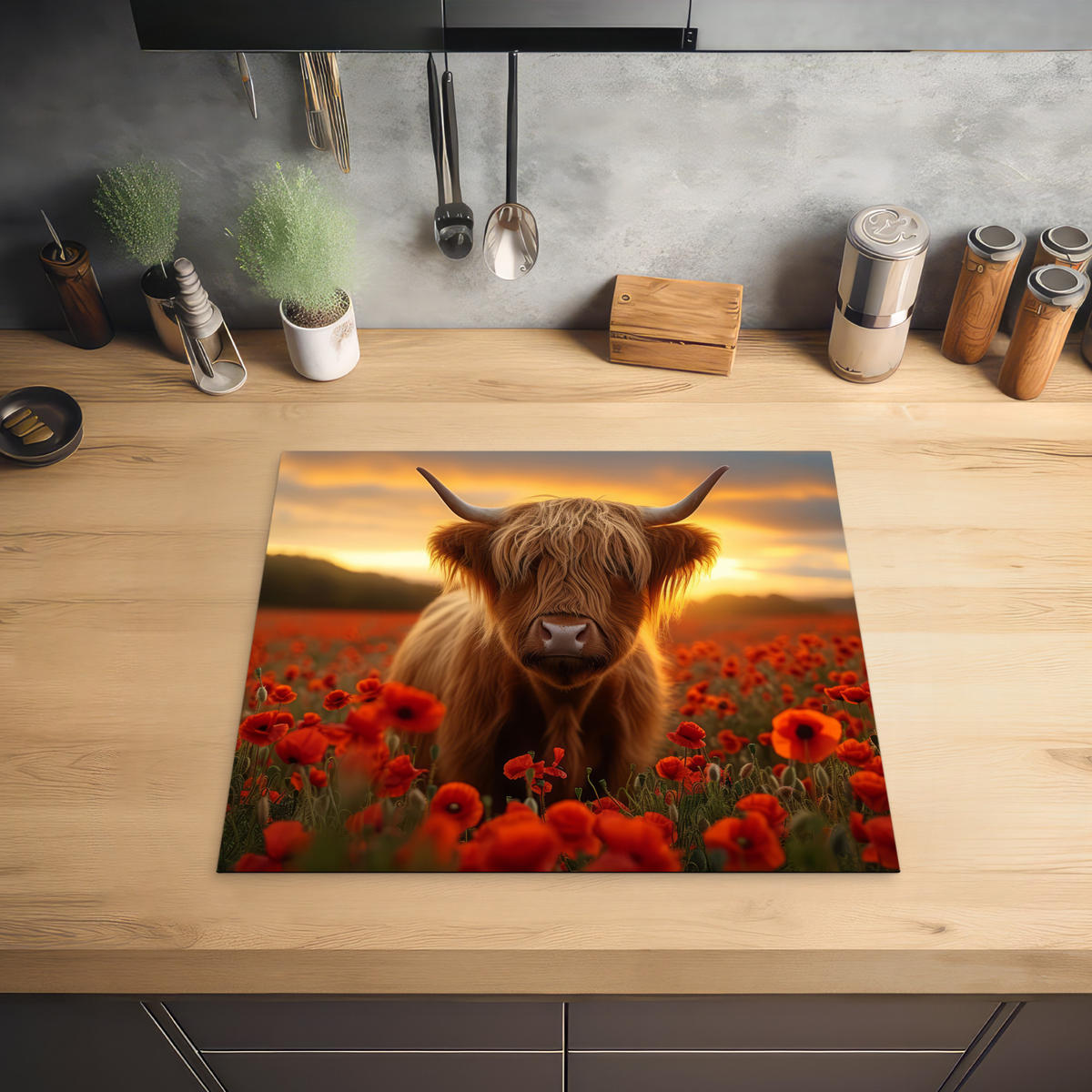 HERDABDECKPLATTE Schottische Highlander - Rosen - Blumenfeld - Sonnenuntergang Herdabdeckung Induktionsfeld 60x52 cm - Rotbraun, Kunststoff (60/52/0.2cm) - MuchoWow